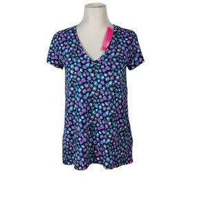 NWT Lilly Pulitzer Etta V-Neck Top Seabreeze Blue Low Tide Navy Spotted Wild S